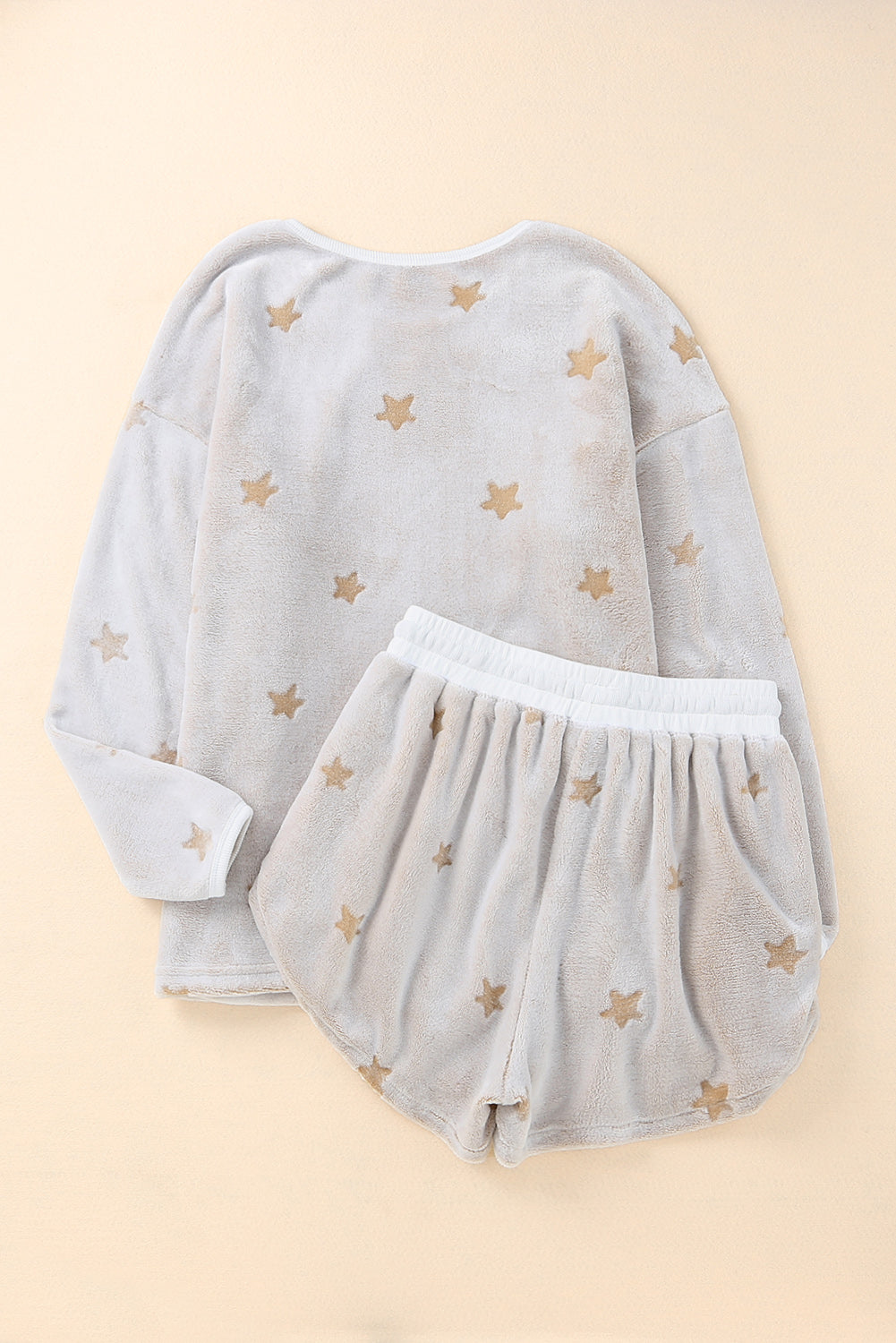 Plush Star Pattern Long Sleeve Pullover And Shorts Lounge Set | White