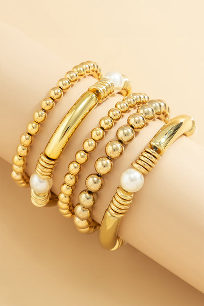 5Pcs Pearl Plated Beaded Bracelet Set | Gold