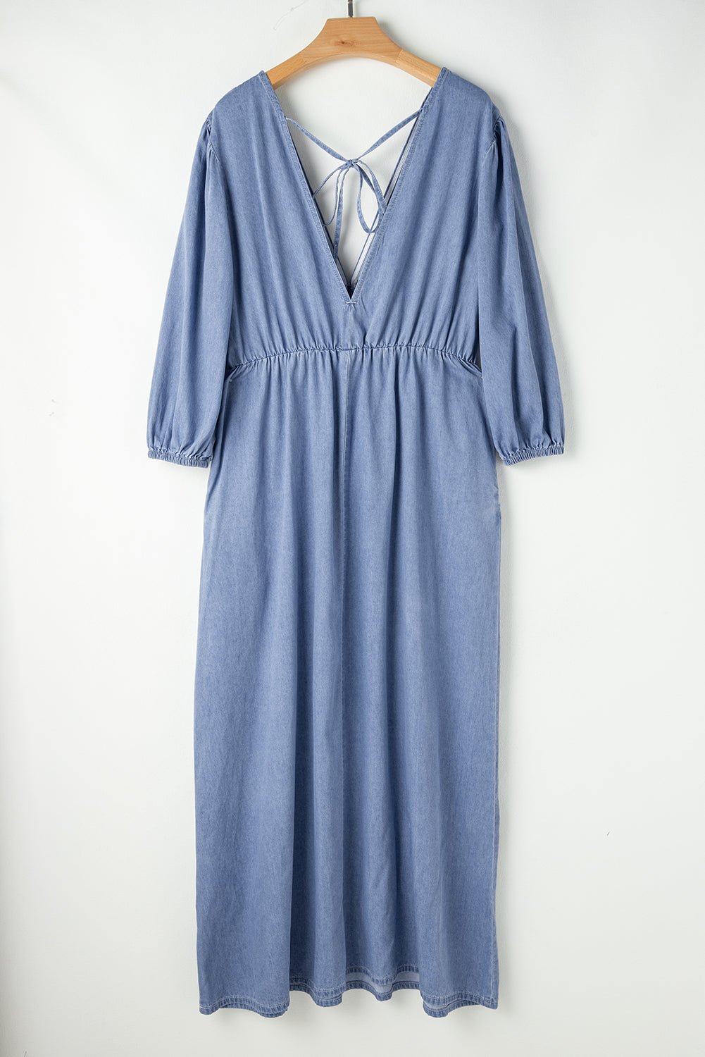 Chambray Deep V Neck Bracelet Sleeve Maxi Dress | Myosotis