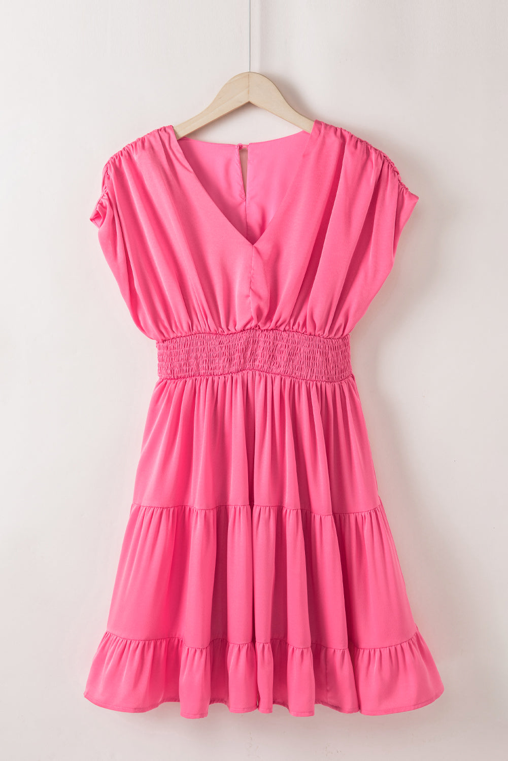 Ruched Sleeve V Neck Smock Waist Tiered Ruffled Dress | Strawberry Pink