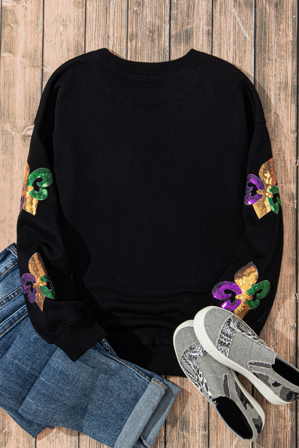 Sequin Mardi Gras Graphic Pullover Sweatshirt | Black