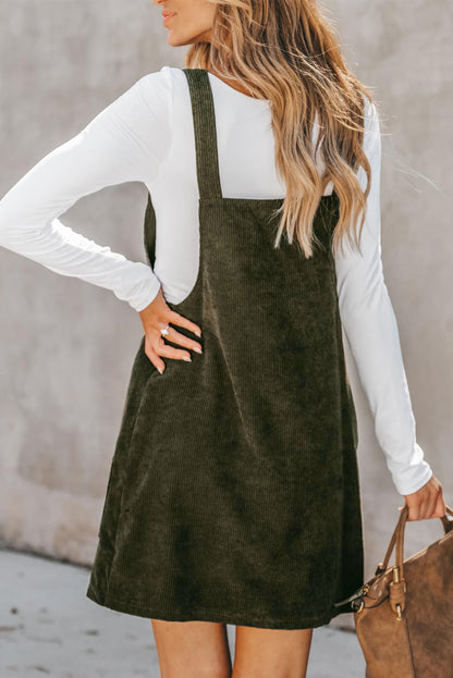 Solid Front Pockets Sleeveless Corduroy Overall Dress | Vineyard Green