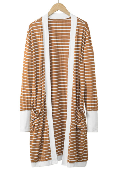 Striped Side Pockets Open Front Cardigan | Brown