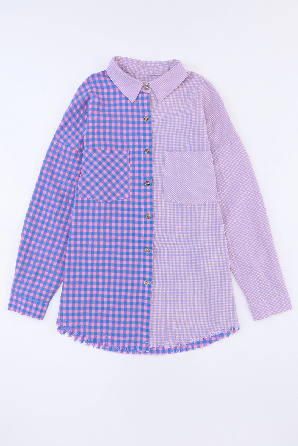 Mixed Plaid Button Down Long Sleeve Chest Pocket Shirt | Purple