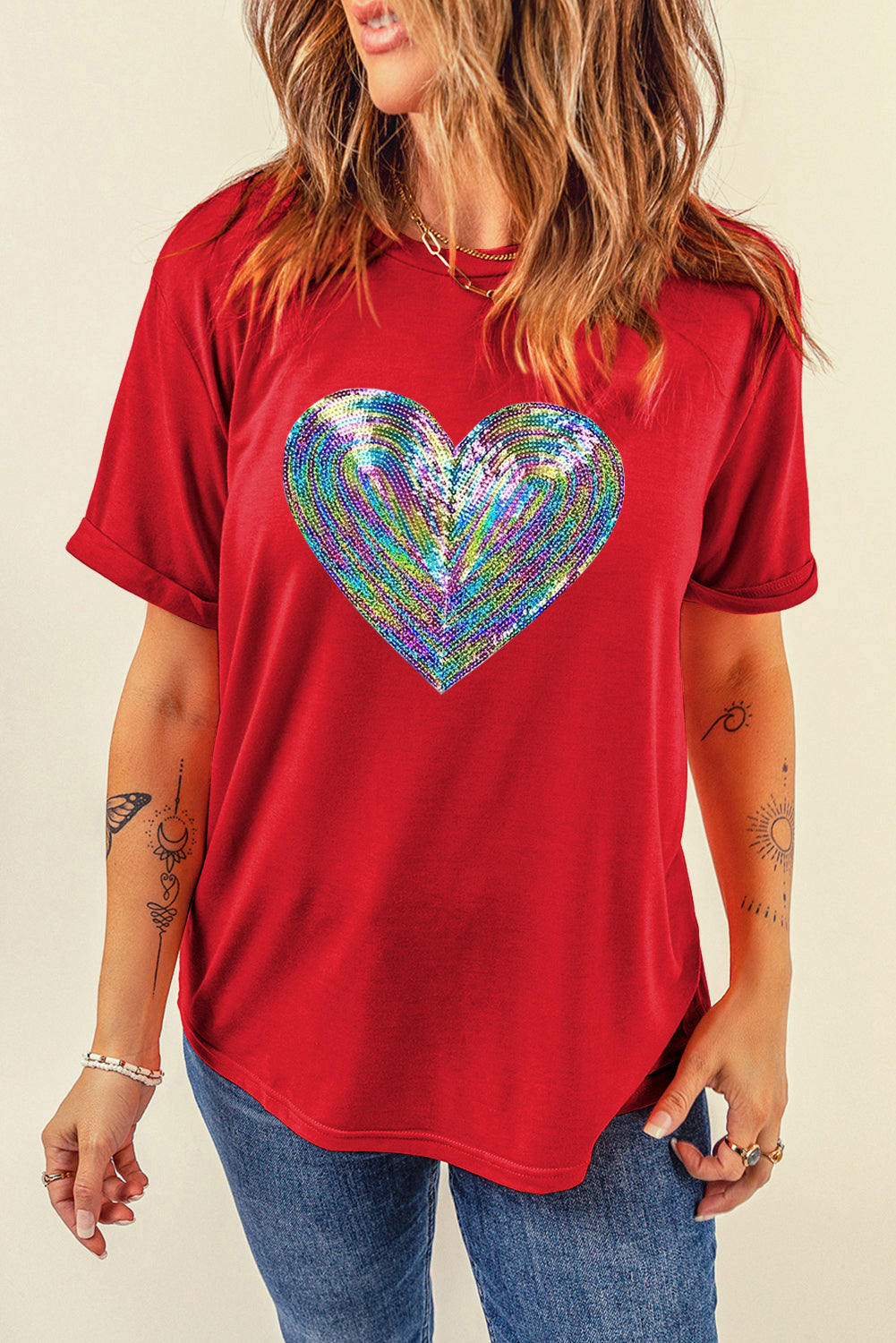 Rainbow Sequin Heart Shape Crew Neck T Shirt | Red