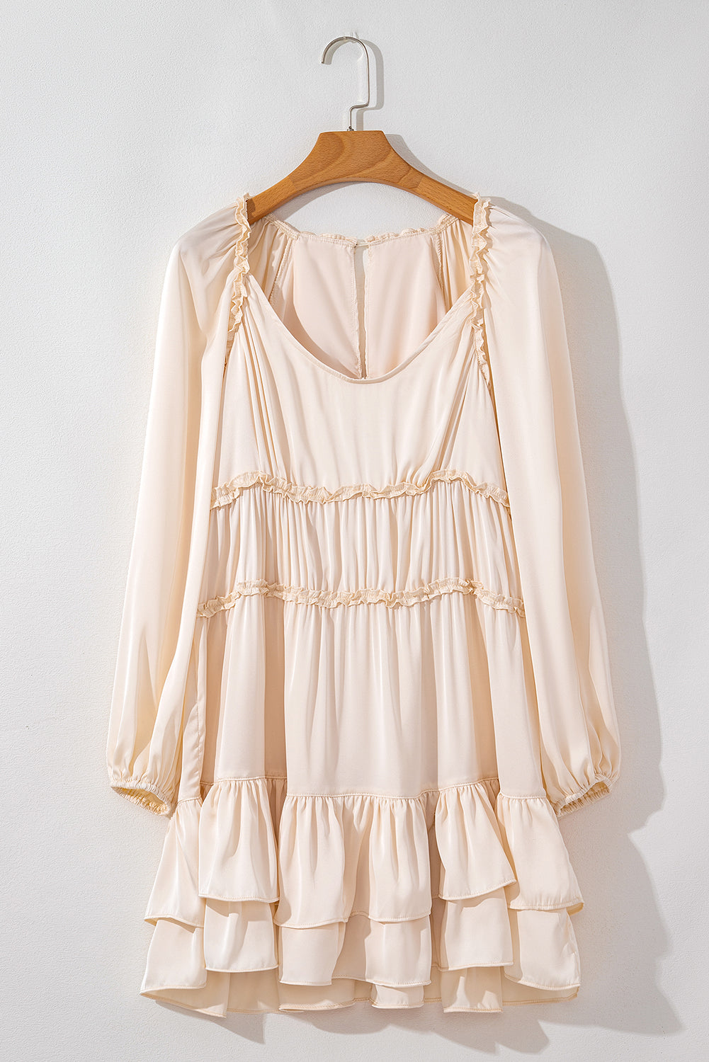 Tiered Ruffled Puff Sleeve Loose Fit Mini Dress | Apricot