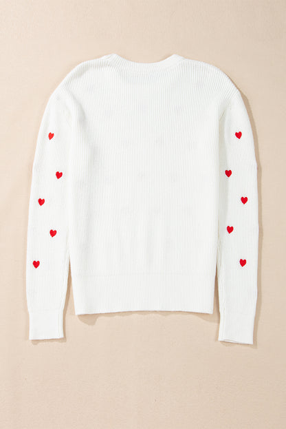 Heart Shape Drop Shoulder Round Neck Sweater | White