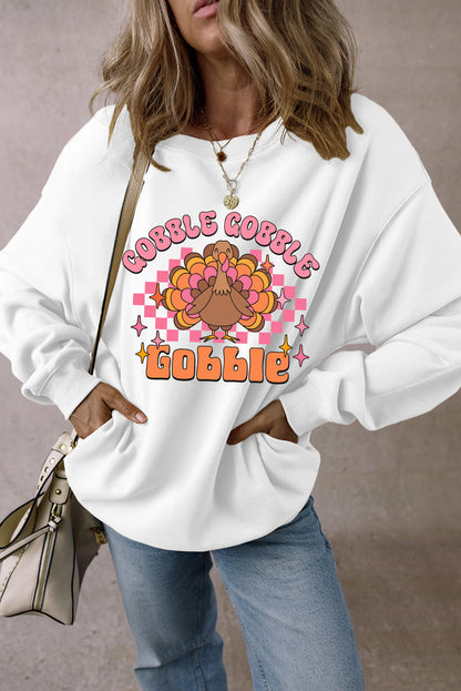 Gobble Gobble Turkey Graphic Crewneck Thanksgiving Sweatshirt | White