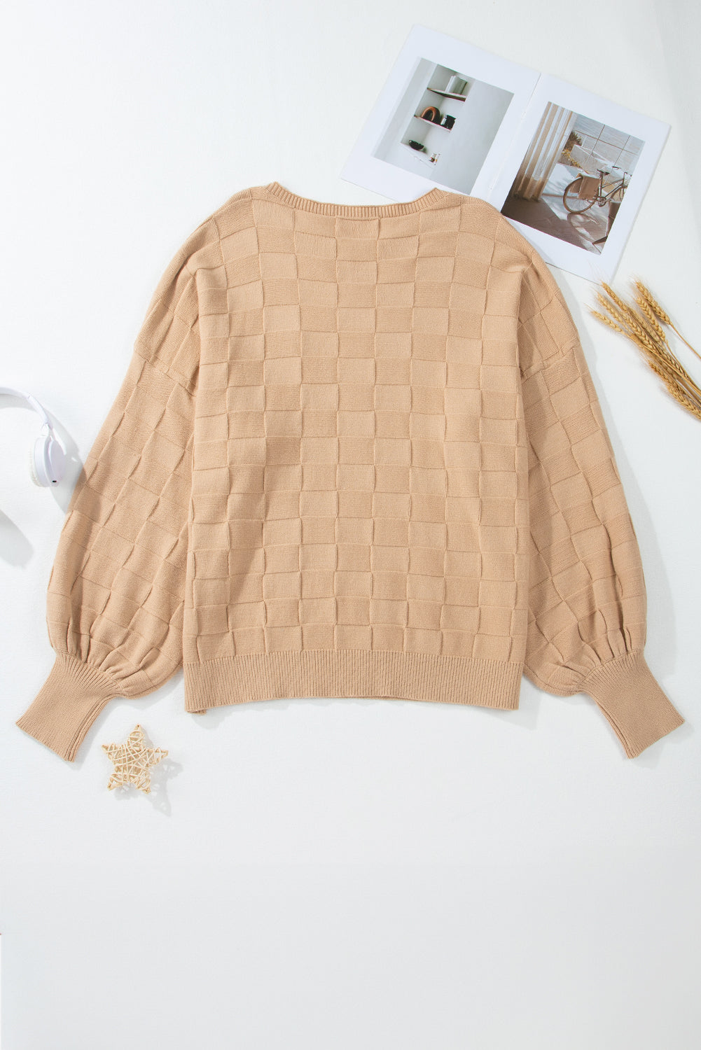 Solid Checkered Textured Knit Plus Size Sweater | Light French Beige