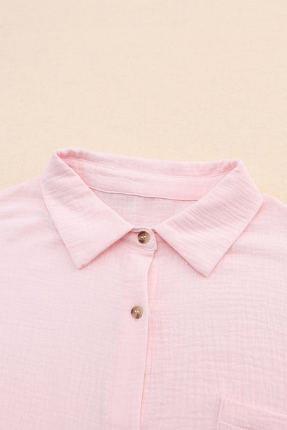 Crinkle Texture Roll-Tab Sleeve Shirt | Pink