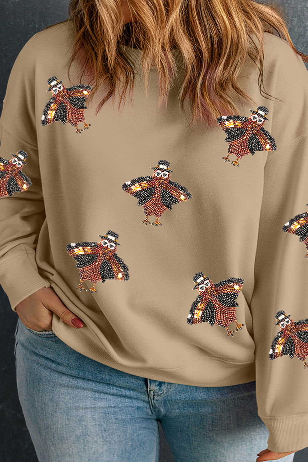 Apricot Turkey Time Thanksgiving Sequin Patch Graphic Plus Size Sweatshirt