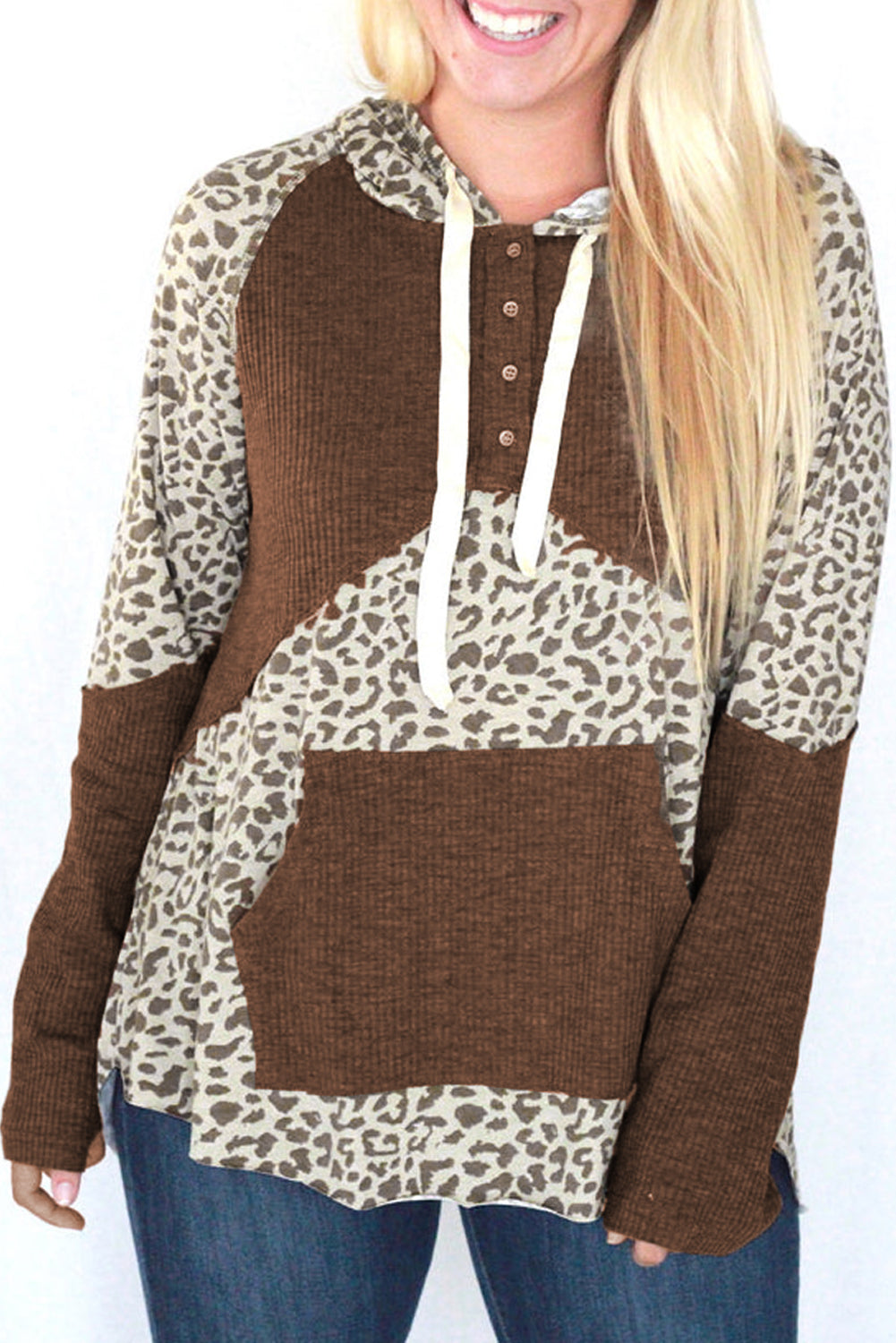 Ribbed Patchwork Buttoned Hoodie | Leopard Print