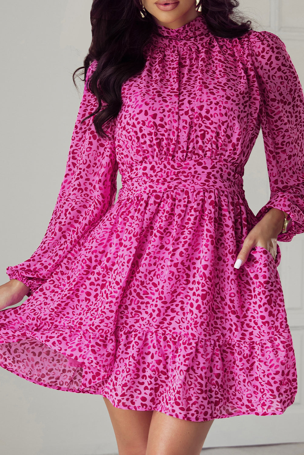 Leopard Puff Sleeve Knotted High Neck Ruffle Dress | Rose