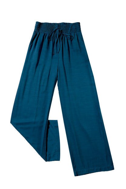 Drawstring Elastic Waist Casual Wide Leg Pants | Blue