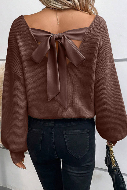 Lantern Sleeve V Neck Knot Back Sweater | Coffee