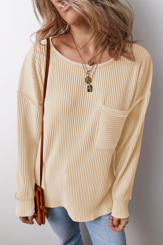 Apricot Solid Color Corded Drop Shoulder Long Sleeve Top