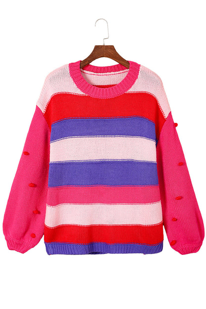 Plus Size Striped Knit Pompom Puff Sleeve Sweater | Pink