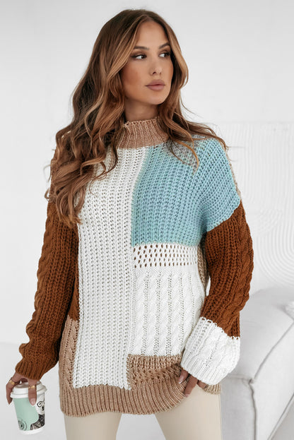 Mix Textured Knit Colourblock Patchwork Sweater | Khaki