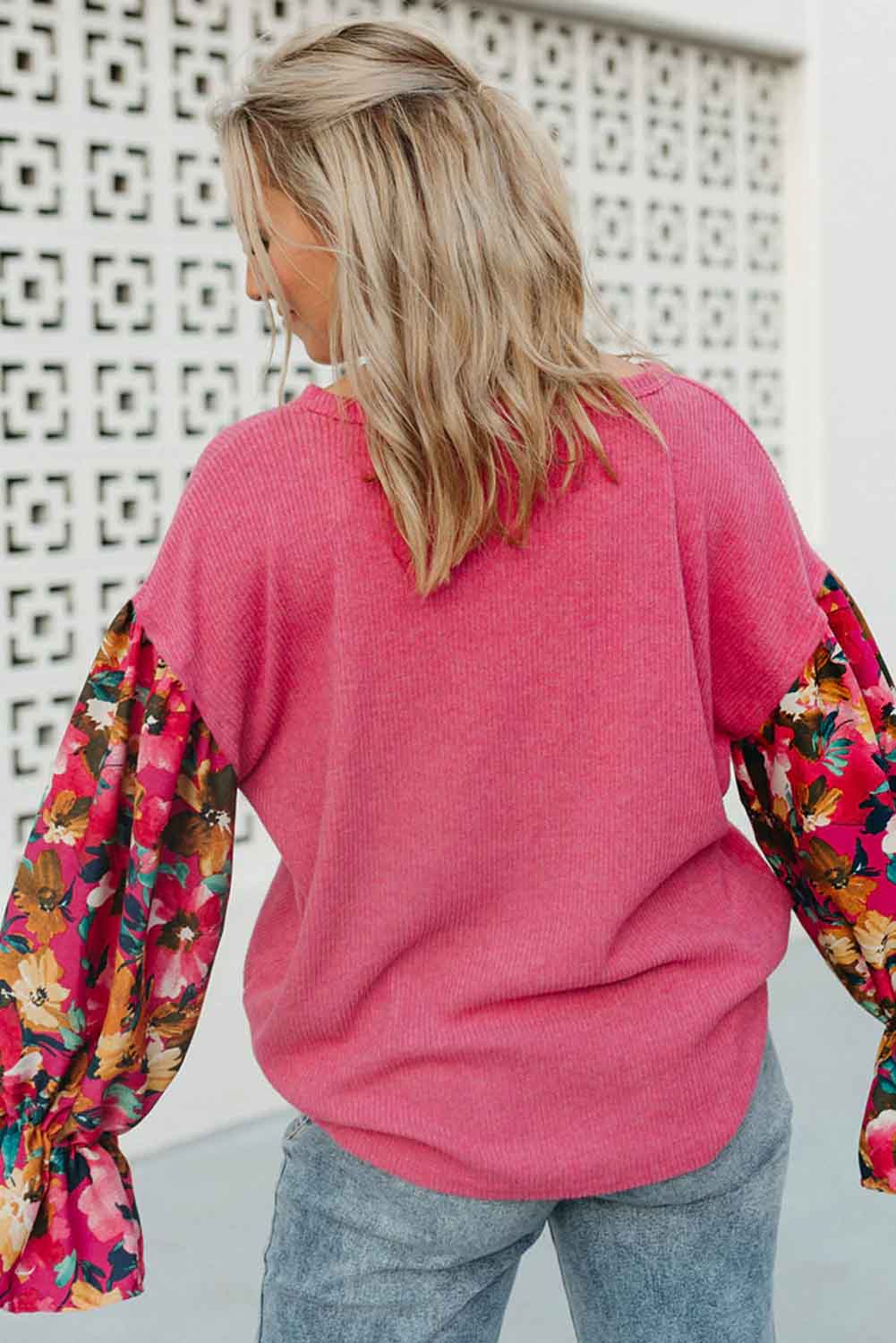 Flower Patchwork Ruffled Sleeve Ribbed Knit Drop Shoulder Top | Sachet Pink