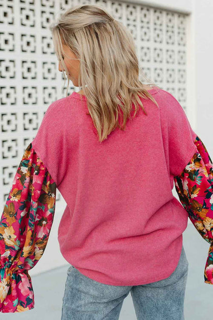 Flower Patchwork Ruffled Sleeve Ribbed Knit Drop Shoulder Top | Sachet Pink