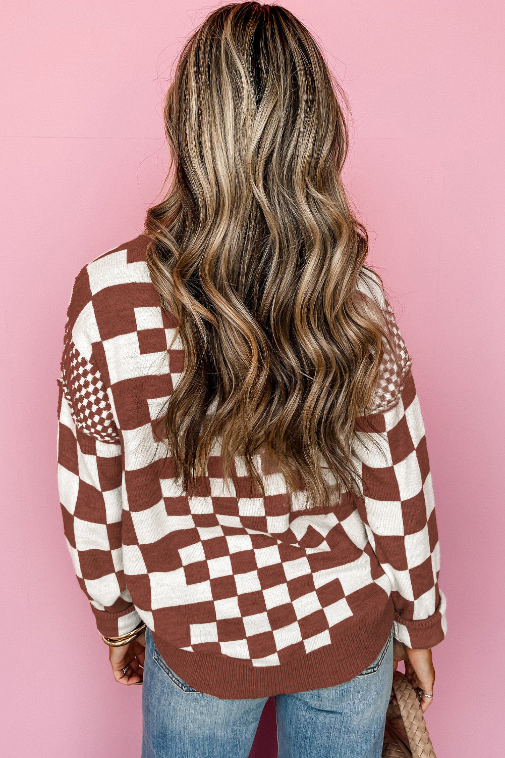 Checkered Print Drop Shoulder Round Neck Sweater | Brown