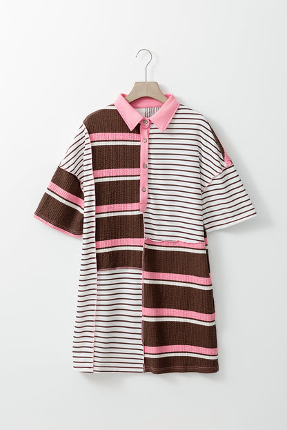 Striped Textured Patchwork Buttoned T Shirt Dress | Brown Stripe