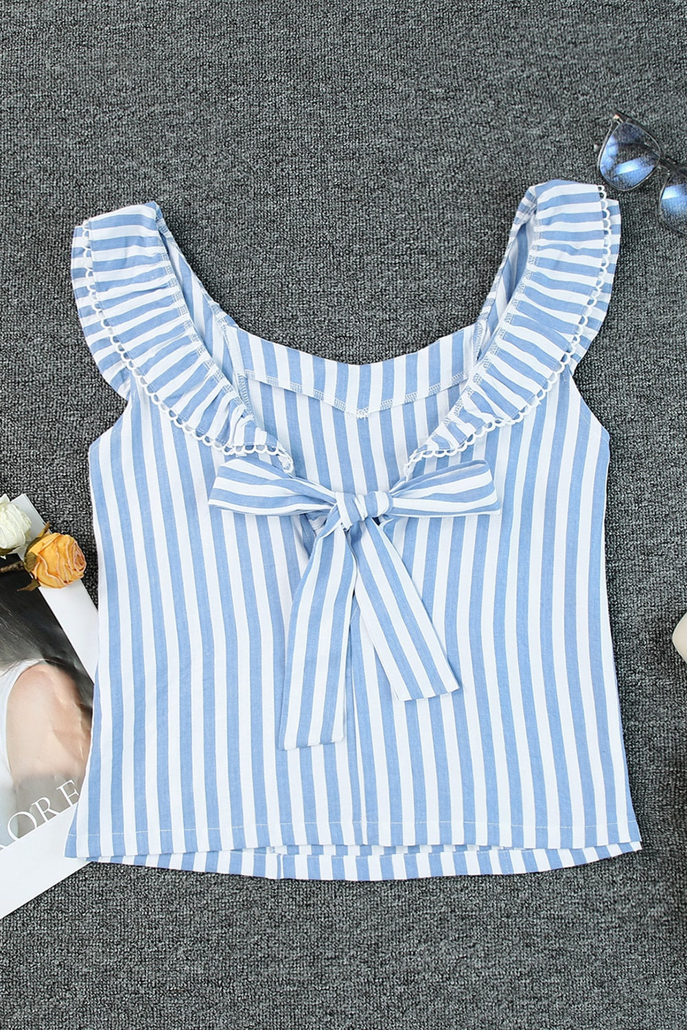 Striped Tie Back Ruffle Trim Tank Top | Blue