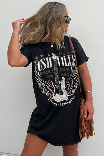 Nashville Guitar Print Crew Neck T Shirt Mini Dress | Black