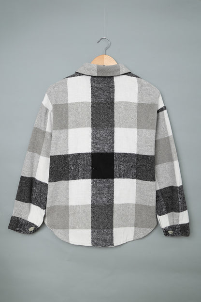 Plaid Colour Block Buttoned Long Sleeve Jacket With Pocket | Gray