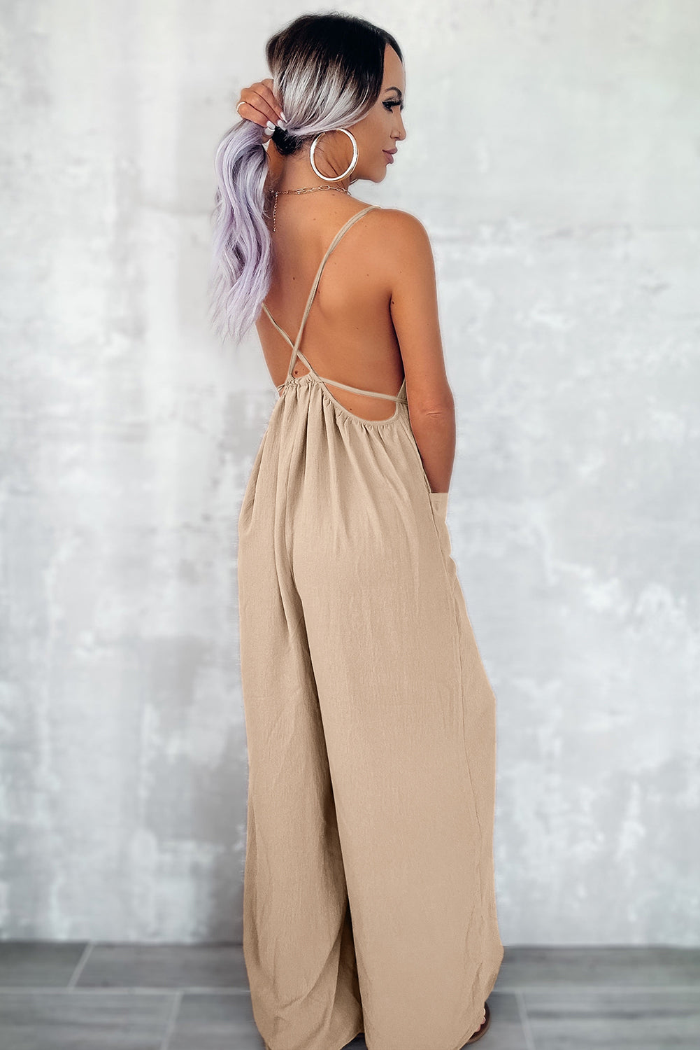 Spaghetti Straps Waist Tie Wide Leg Jumpsuit With Pockets | Apricot