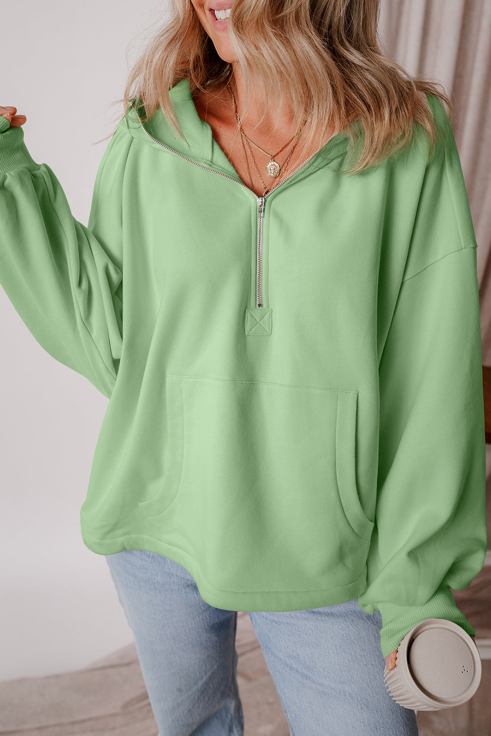 Fleece Lined Half Zipper Kangaroo Pockets Loose Hoodie | Smoke Green