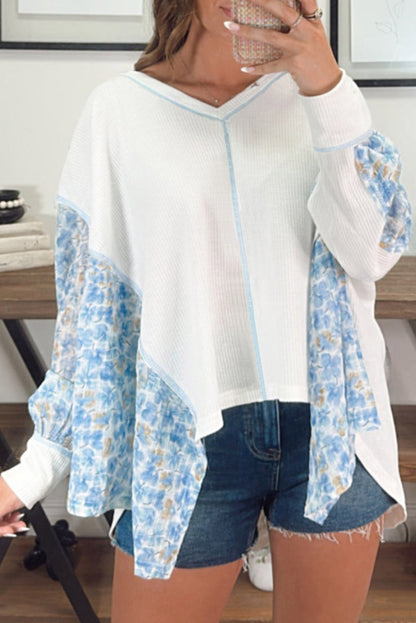 Abstract Floral Patchwork Batwing Sleeve V Neck Blouse | White