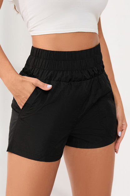 Elastic High Waist Side Pockets Shorts | Black