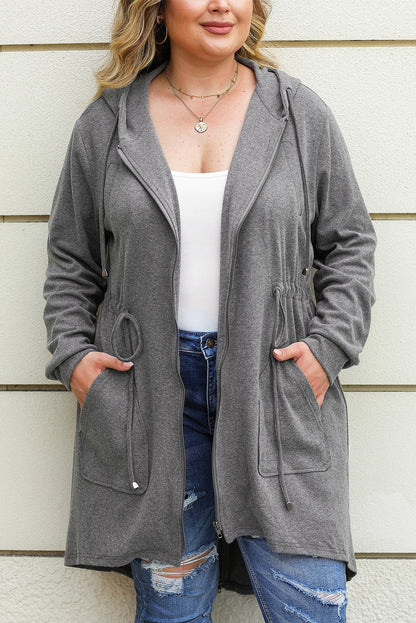 Plus Size Drawstring High Low Hooded Jacket | Gray