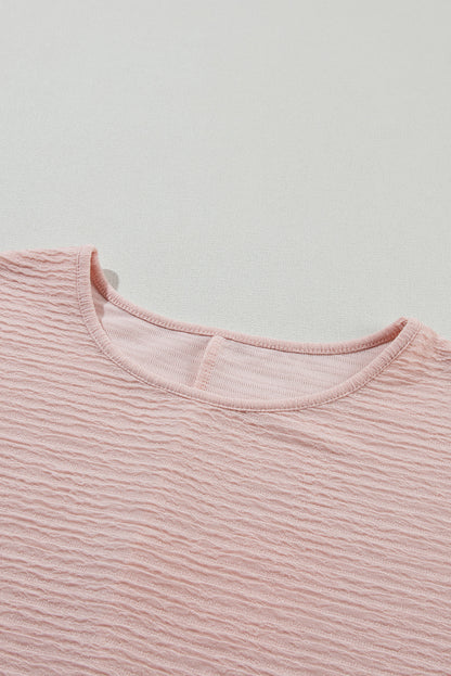 Solid Textured Ruffled Short Sleeve Blouse | Light Pink