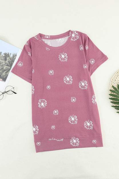 Dandelion Print Crew Neck T-Shirt | Pink