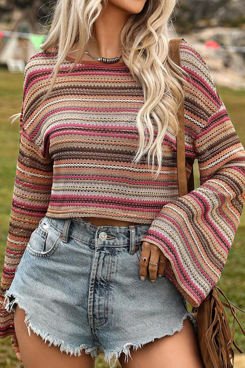 Ethnic Striped Wide Cropped Long Sleeve Top | Rose Red