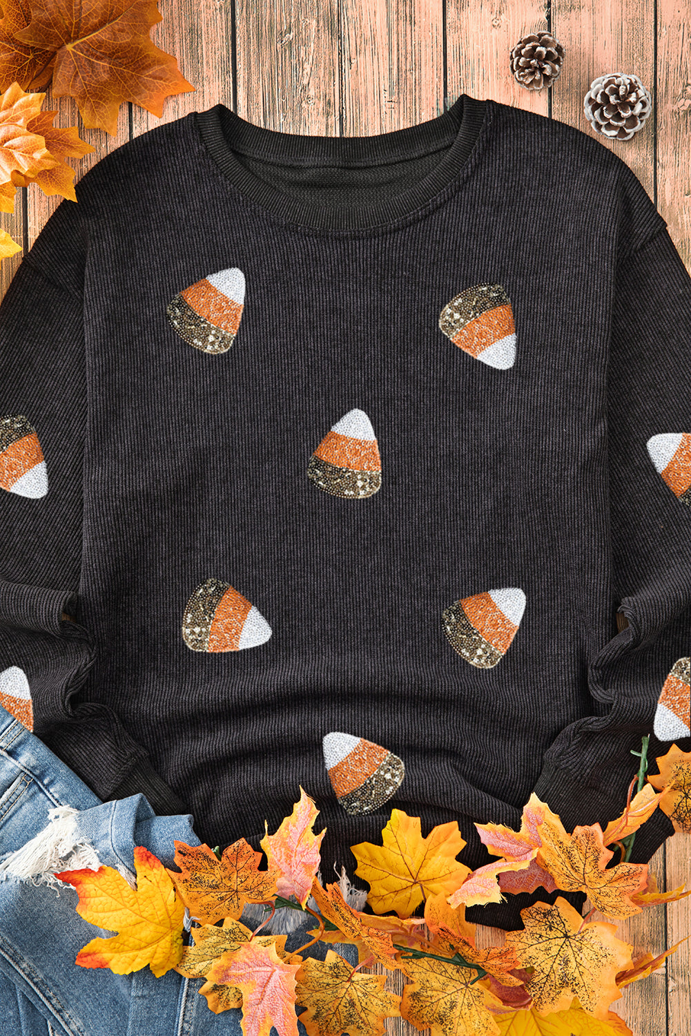 Sequin Candy Corn Patched Corded Halloween Sweatshirt | Black