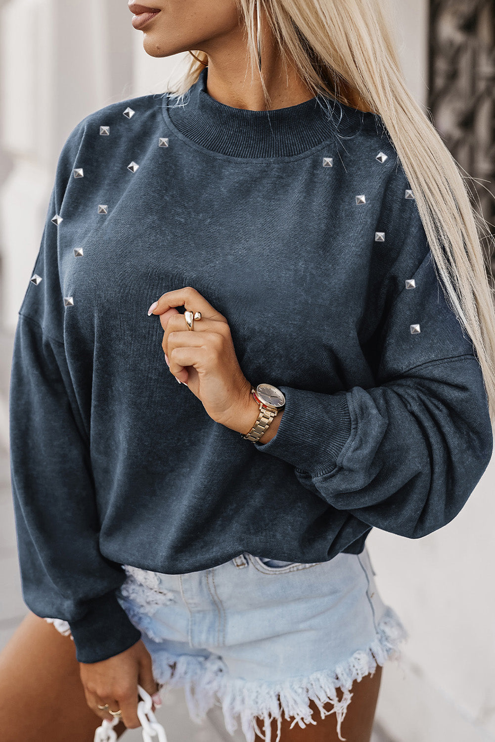 Beads Stud Drop Shoulder Loose Sweatshirt | Sky Blue