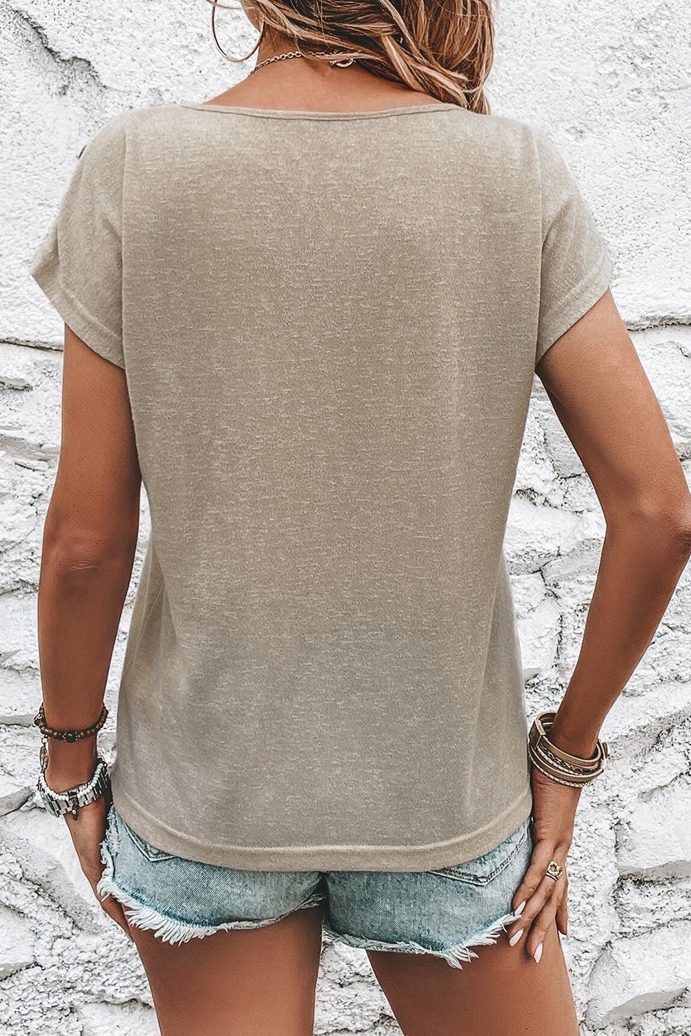 Button Detail Batwing Sleeve Casual Tee | Smoke Gray