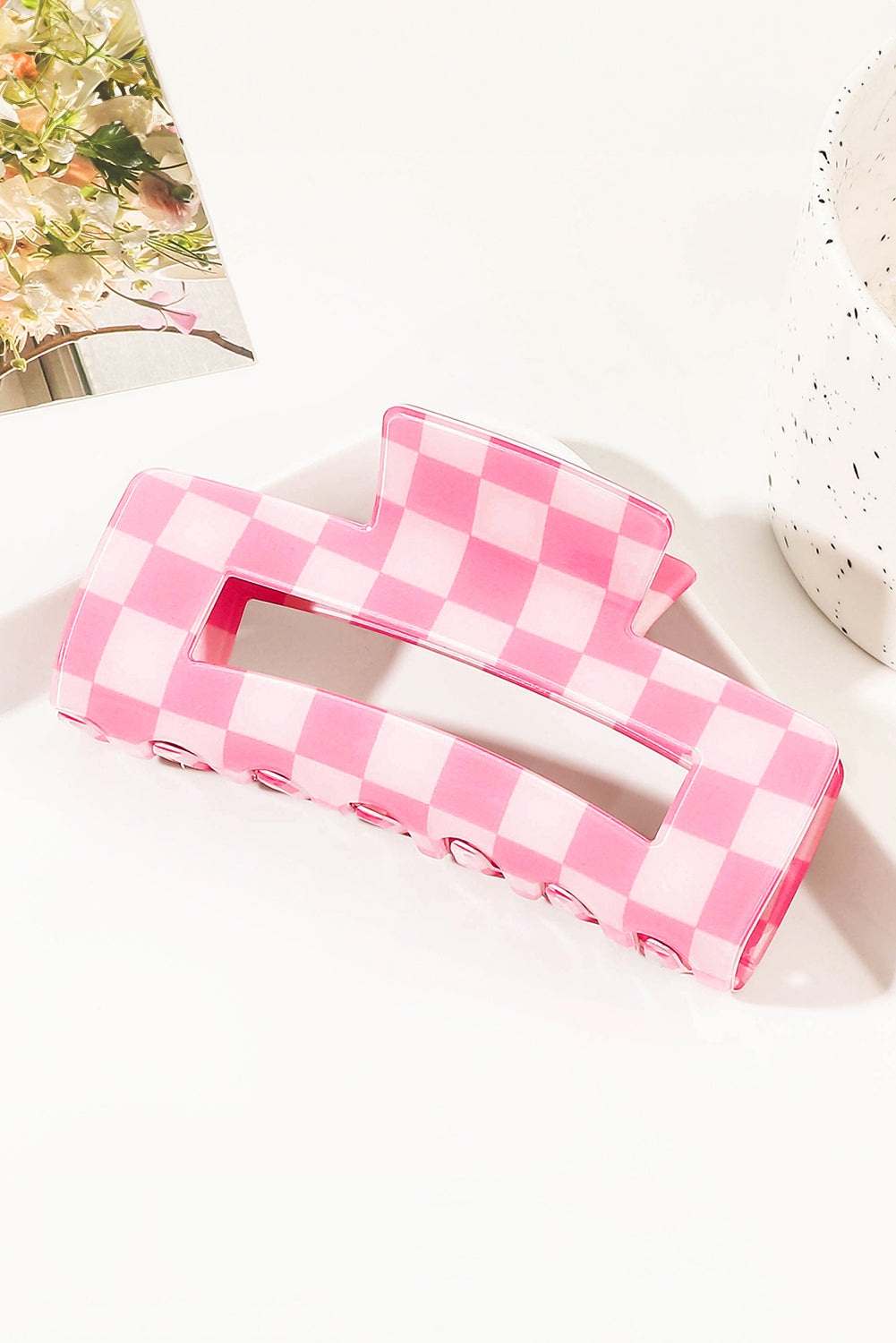 Checkered Print Hollow Out Hair Clip | Sachet Pink