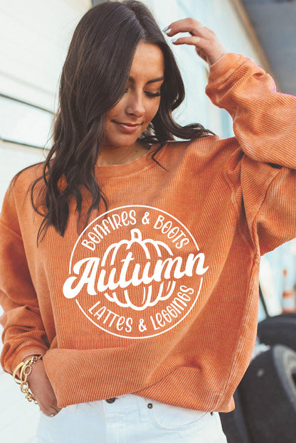 Autumn Pumpkin Graphic Print Corded Oversized Sweatshirt | Orange