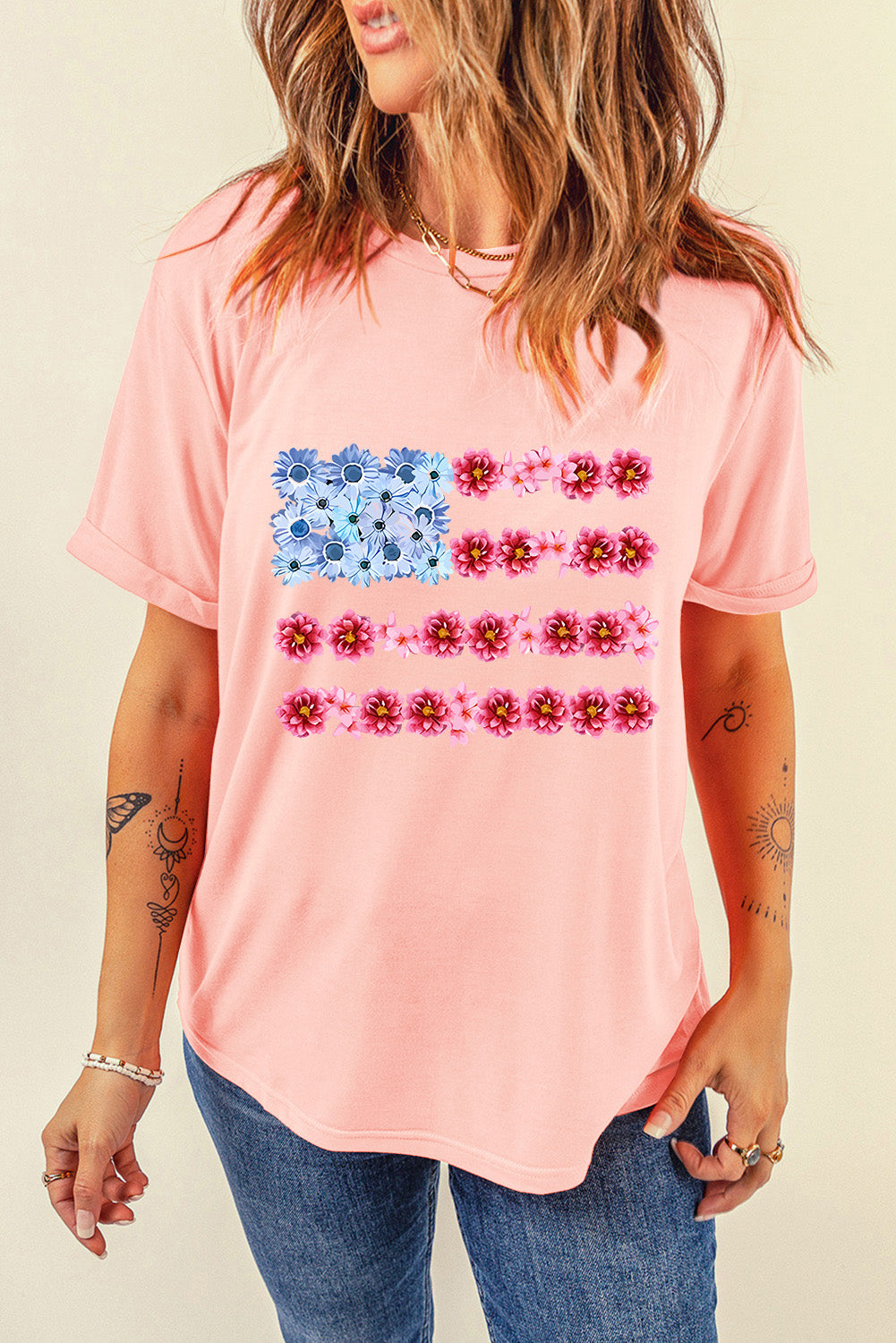 Floral Printed Crew Neck Flag Day T Shirt | Pink