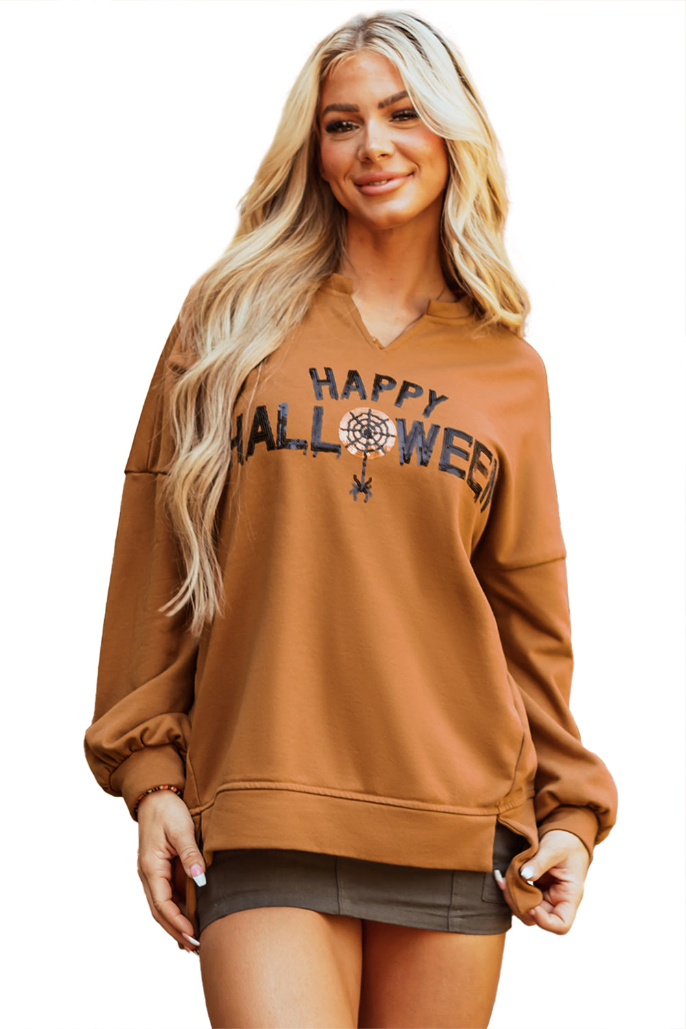 Sequin Happy Halloween Graphic Notched Neck Long Sleeve Loose Top | Chestnut