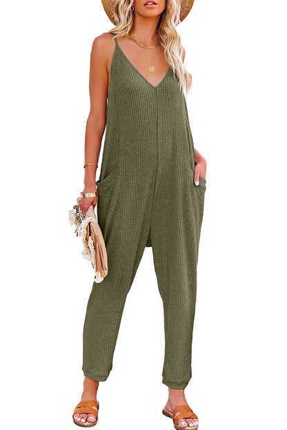 Textured Sleeveless V-Neck Pocketed Casual Jumpsuit | Green