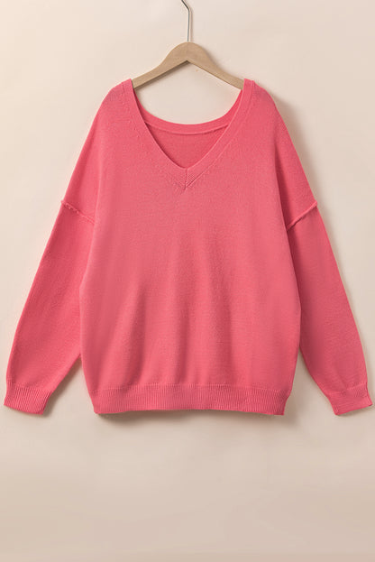 Plus Size Drop Shoulder V Neck Sweater | Pink