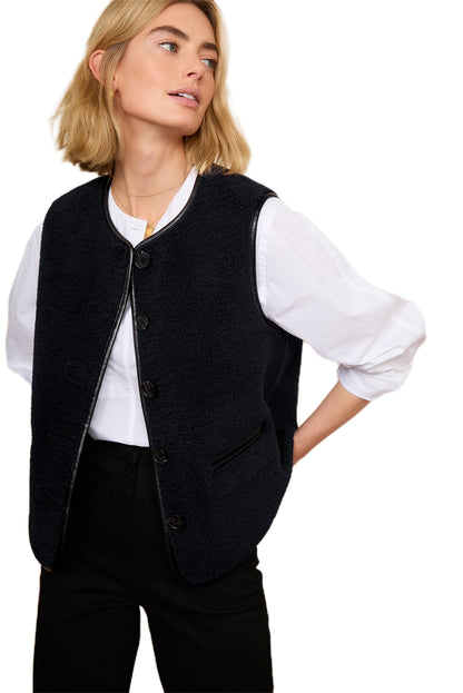 Leather Contrast Side Pockets Buttoned Fleece Vest | Black