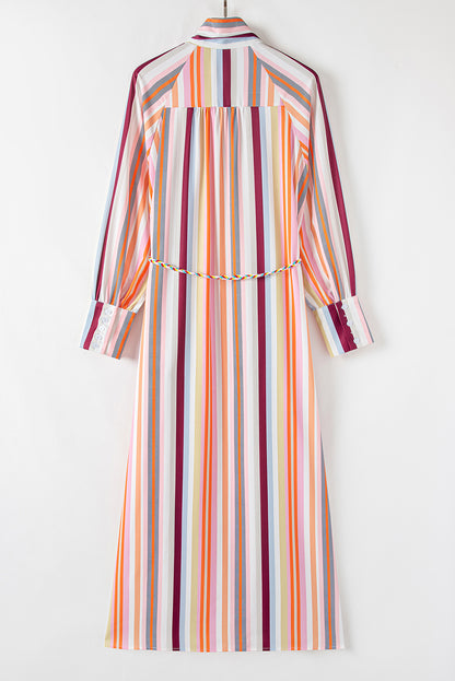 Multicolour Striped Cuffed Sleeve Tassel Tied Shirt Maxi Dress | White