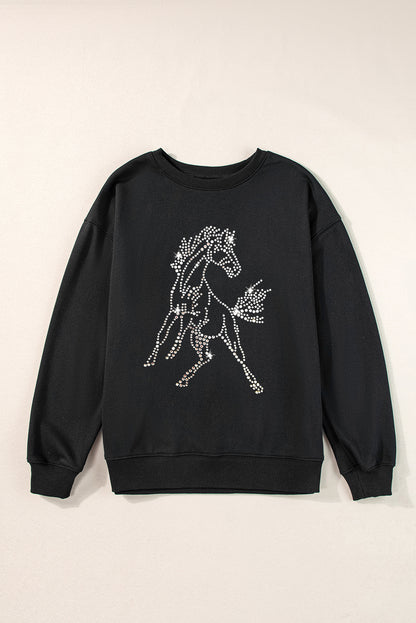 Rhinestone Horse Drop Shoulder Crewneck Sweatshirt | Black