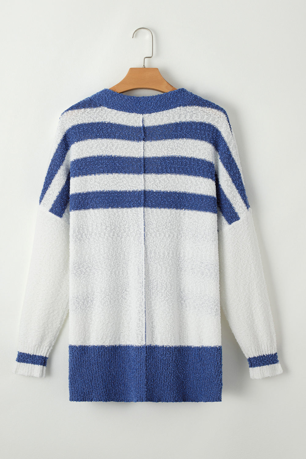 V Neck Buttoned High Low Sweater Cardigan | Blue Stripe